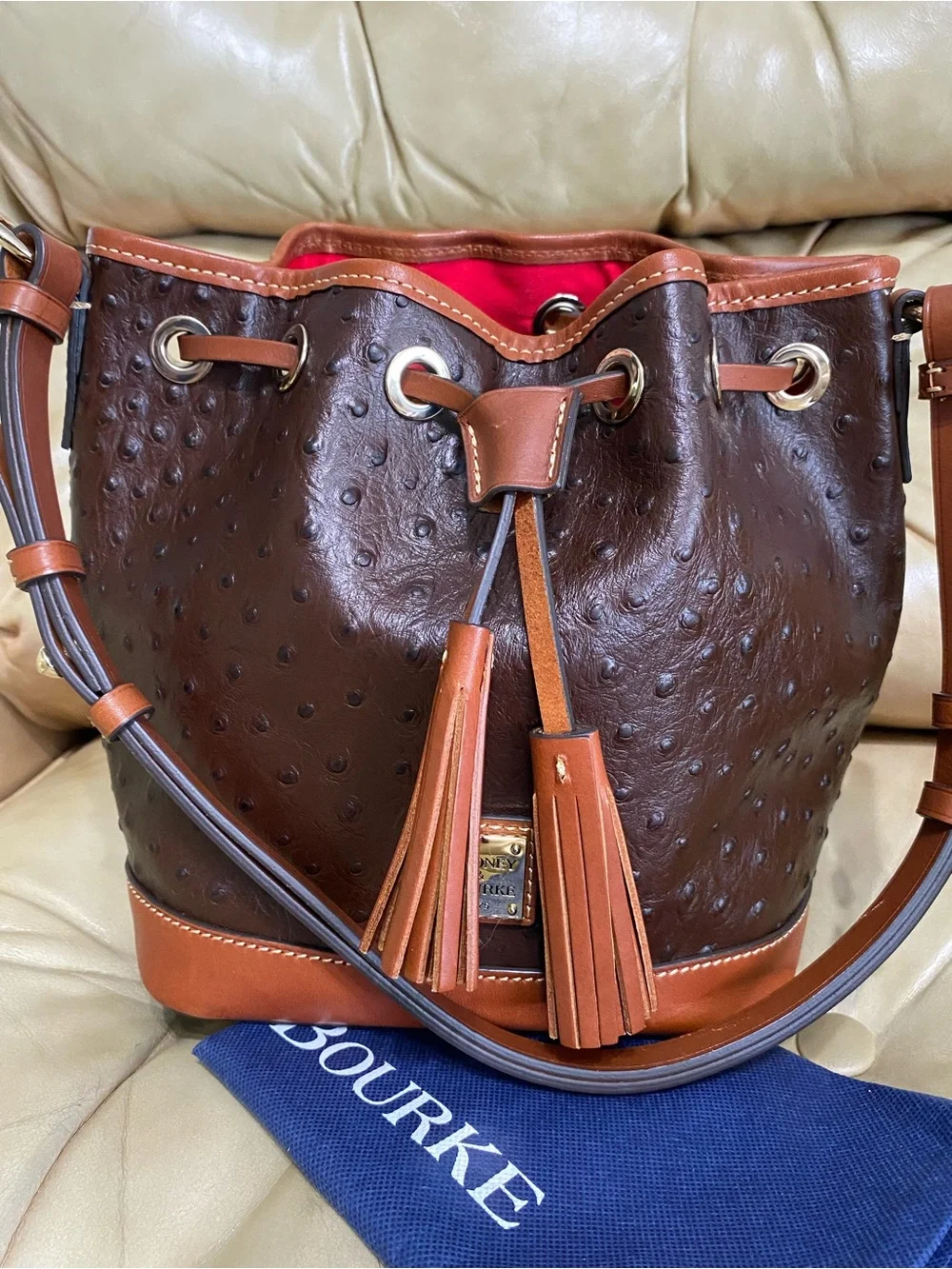 Dooney & Bourke Ostrich Small Drawstring Shoulder Bag Leather Bucket